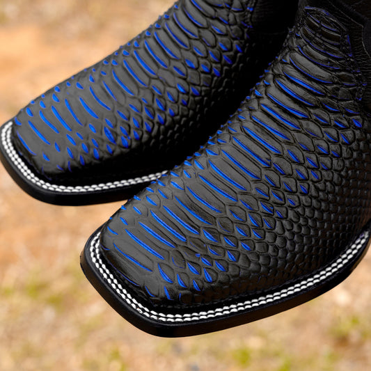 Blue & Black Python Leather Boots - Square Toe