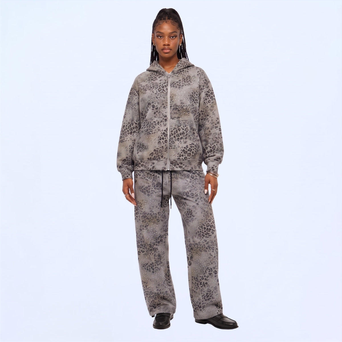 Rhinestone Leopard Zip Up Hoodie