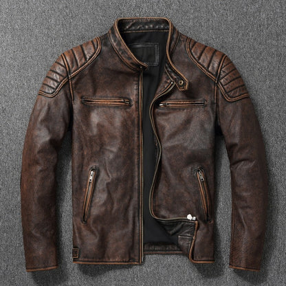 Biker Style Grained Texture Leather Jacket