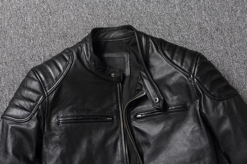 Biker Style Grained Texture Leather Jacket
