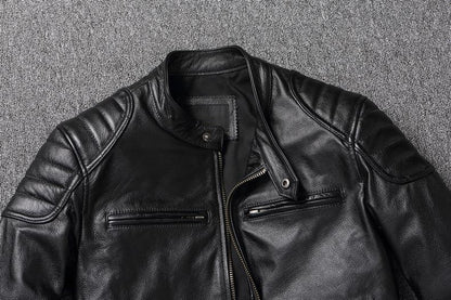 Biker Style Grained Texture Leather Jacket