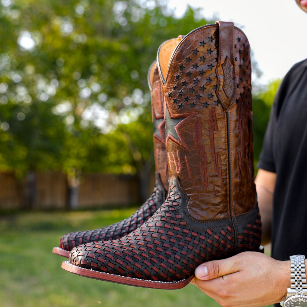 Brown Basketweave Leather Boots - Square Toe