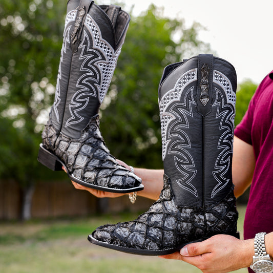 Grey Jumbo Pirarucu Leather Boots - Square Toe