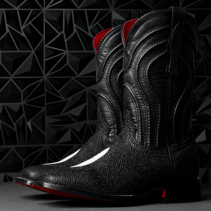 Mystical Black Stingray Leather Boots - Square Toe