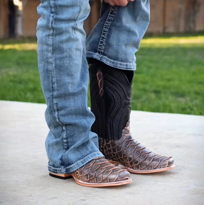 Rustic Light Brown Python Leather Boots - Square Toe