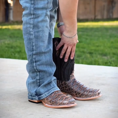 Rustic Light Brown Python Leather Boots - Square Toe