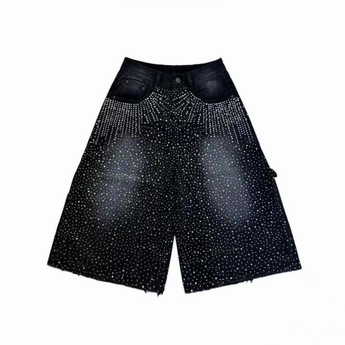 Double-Sided Crystals Distressed 7/8 Denim Shorts