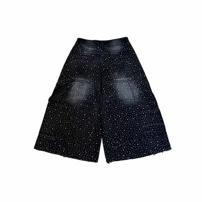 Double-Sided Crystals Distressed 7/8 Denim Shorts