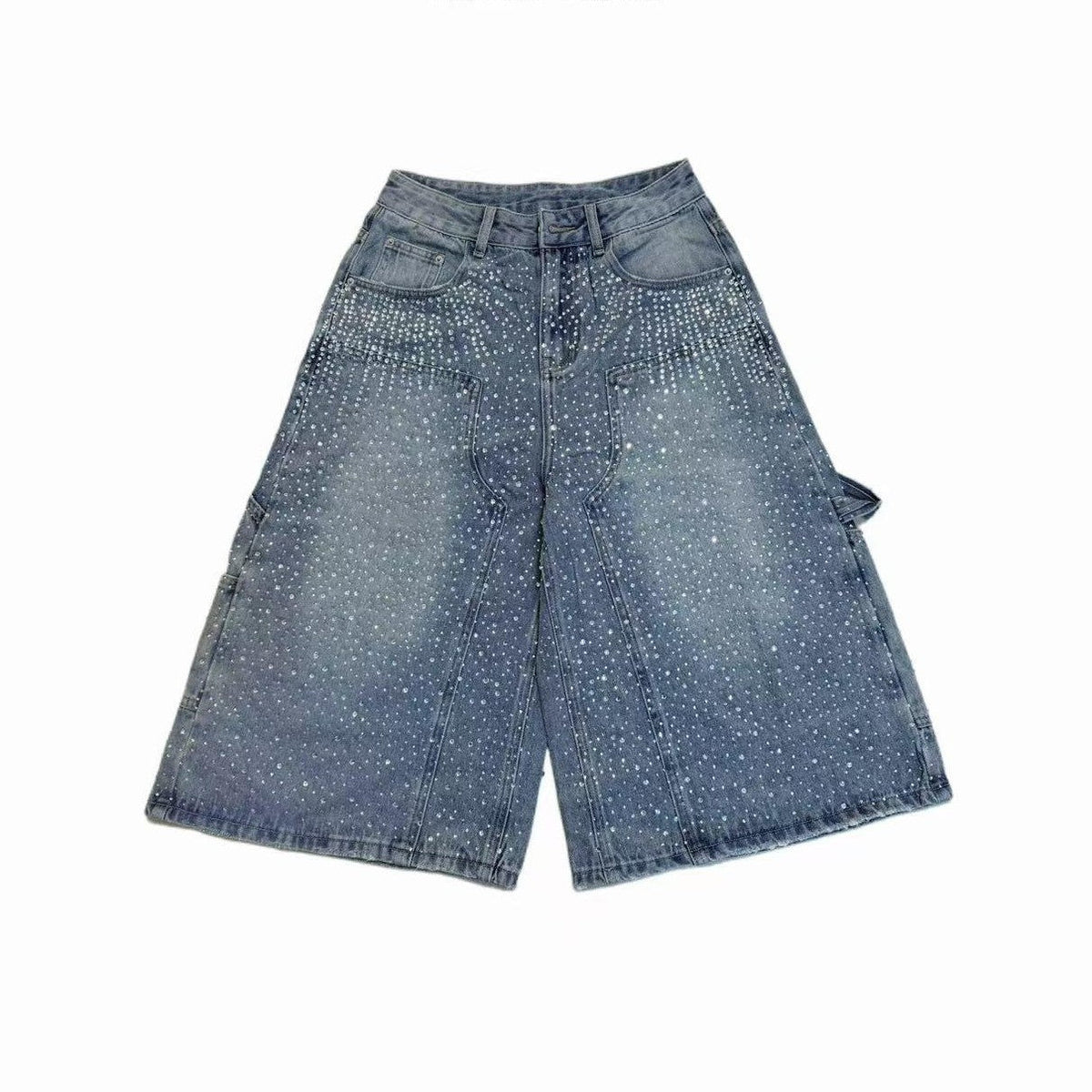 Double-Sided Crystals Distressed 7/8 Denim Shorts