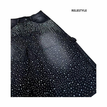 Double-Sided Crystals Distressed 7/8 Denim Shorts