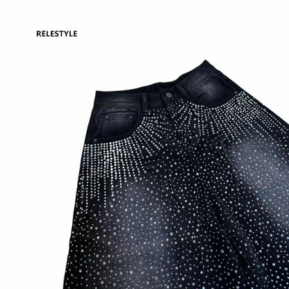 Double-Sided Crystals Distressed 7/8 Denim Shorts