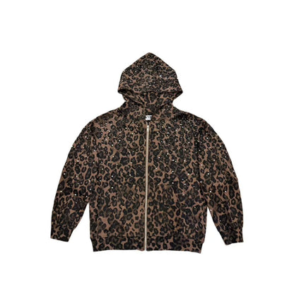 Rhinestone Leopard Zip Up Hoodie