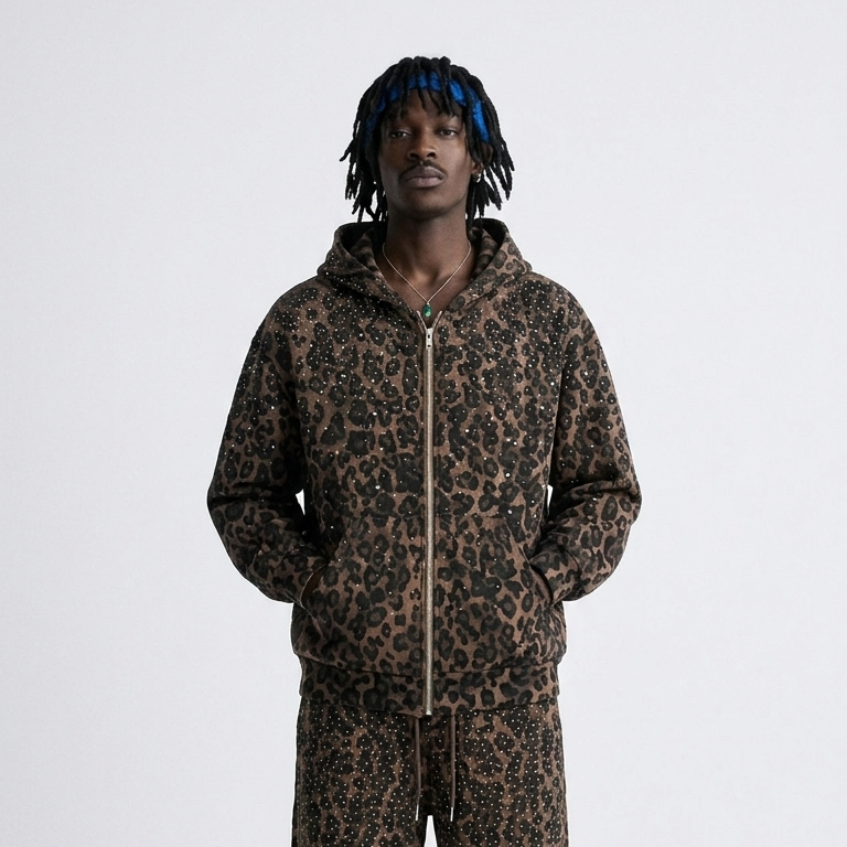 Rhinestone Leopard Zip Up Hoodie