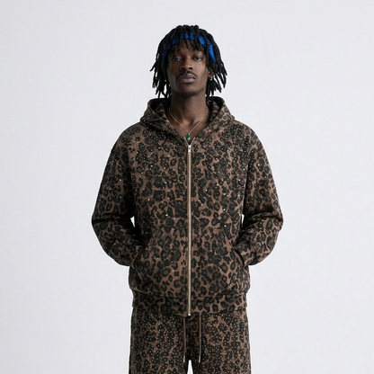 Rhinestone Leopard Zip Up Hoodie