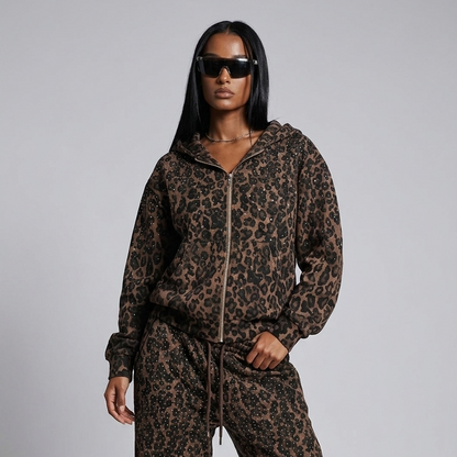 Rhinestone Leopard Zip Up Hoodie