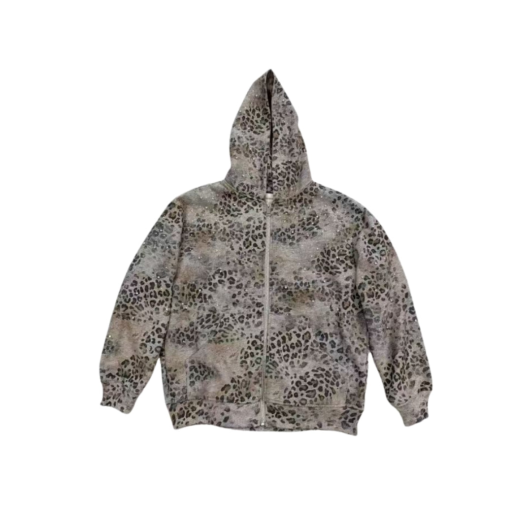 Rhinestone Leopard Zip Up Hoodie