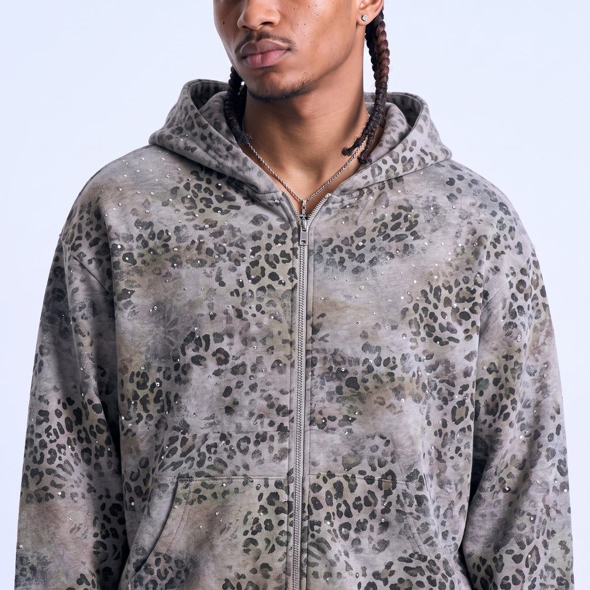 Rhinestone Leopard Zip Up Hoodie