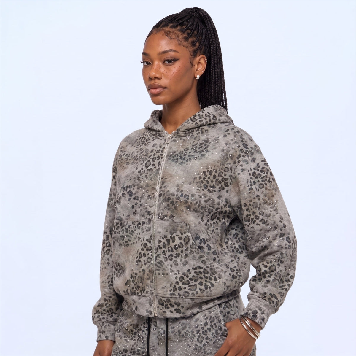 Rhinestone Leopard Zip Up Hoodie