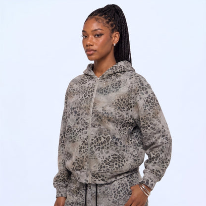 Rhinestone Leopard Zip Up Hoodie