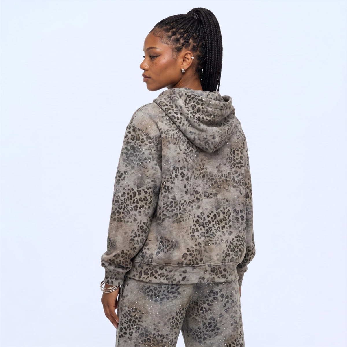 Rhinestone Leopard Zip Up Hoodie