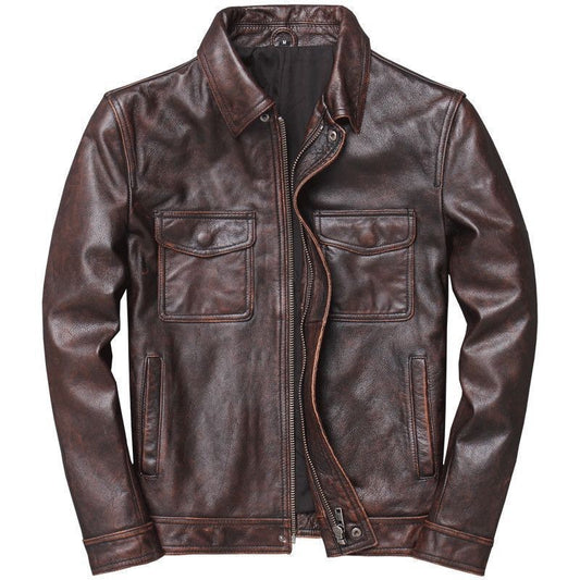 Biker Style Grained Texture Leather Jacket