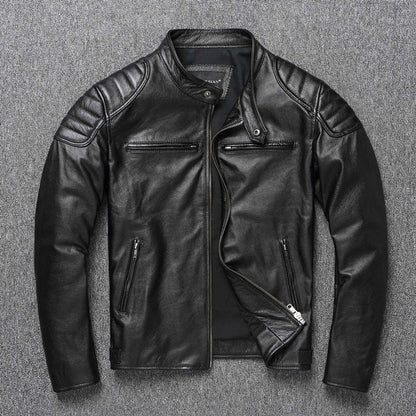 Biker Style Grained Texture Leather Jacket