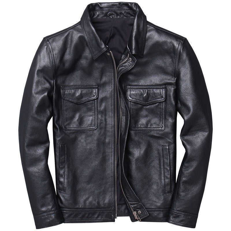 Biker Style Grained Texture Leather Jacket
