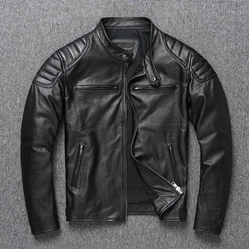 Biker Style Grained Texture Leather Jacket
