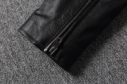 Biker Style Grained Texture Leather Jacket