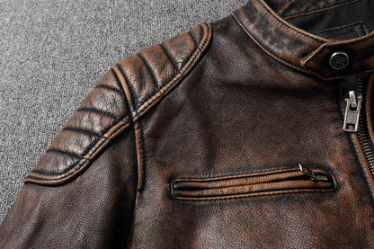 Biker Style Grained Texture Leather Jacket