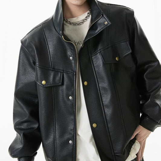 Loose Fit Cargo Leather Jacket