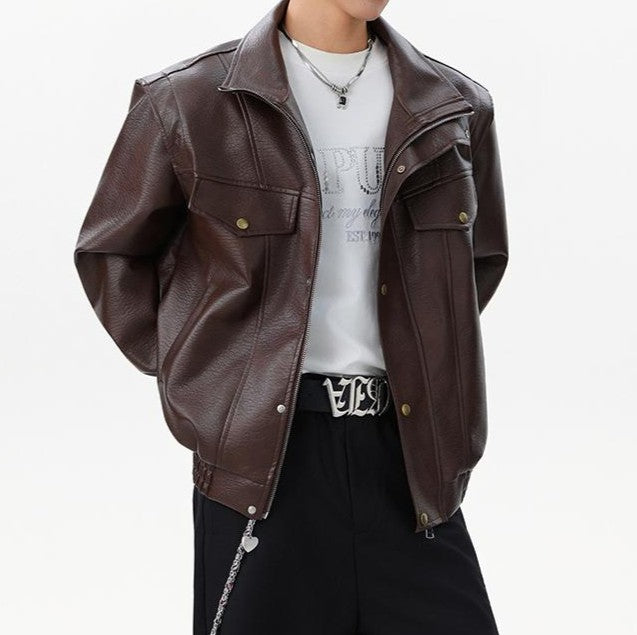 Loose Fit Cargo Leather Jacket
