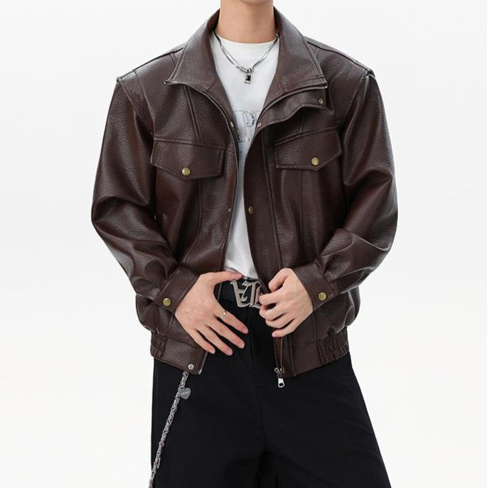 Loose Fit Cargo Leather Jacket