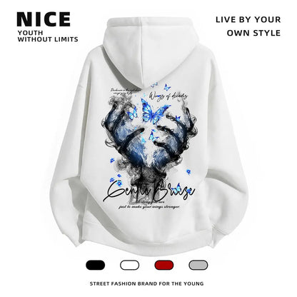 Stylish Butterfly Hand Graphic Oversized Couple Hoodie - Two Hearts One Vibe