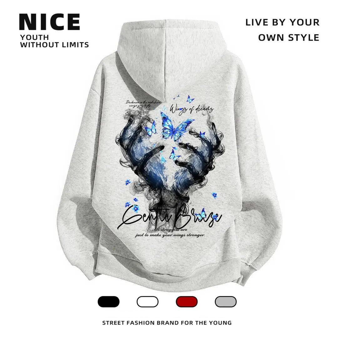 Stylish Butterfly Hand Graphic Oversized Couple Hoodie - Two Hearts One Vibe
