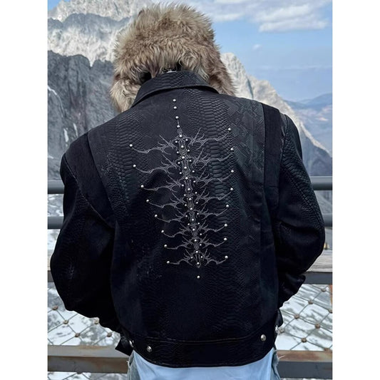 Serpent-Eye Spine Snakeskin Patchwork Jacket