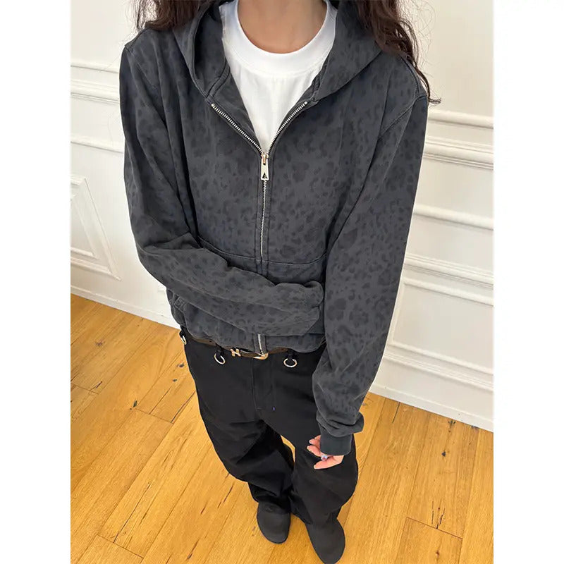 Washed Distressed Vintage-Style Camo Leopard Hoodie