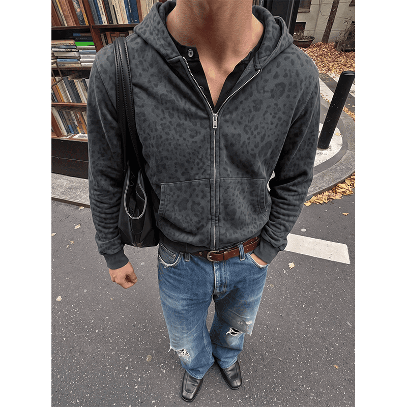 Washed Distressed Vintage-Style Camo Leopard Hoodie