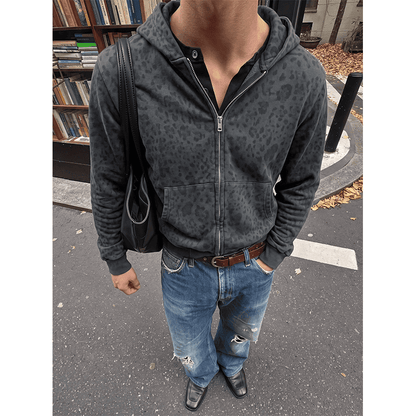 Washed Distressed Vintage-Style Camo Leopard Hoodie