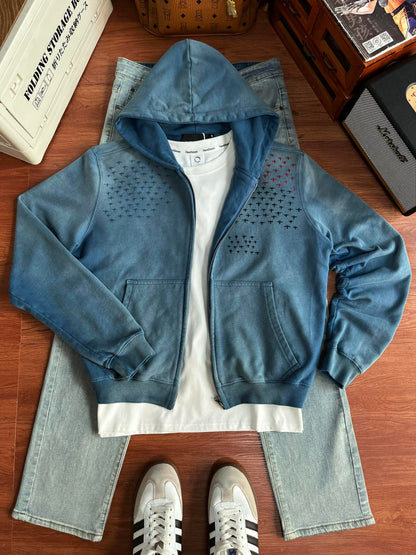 Distressed Star-Embroidered Zipper Hooded Sweatshirt