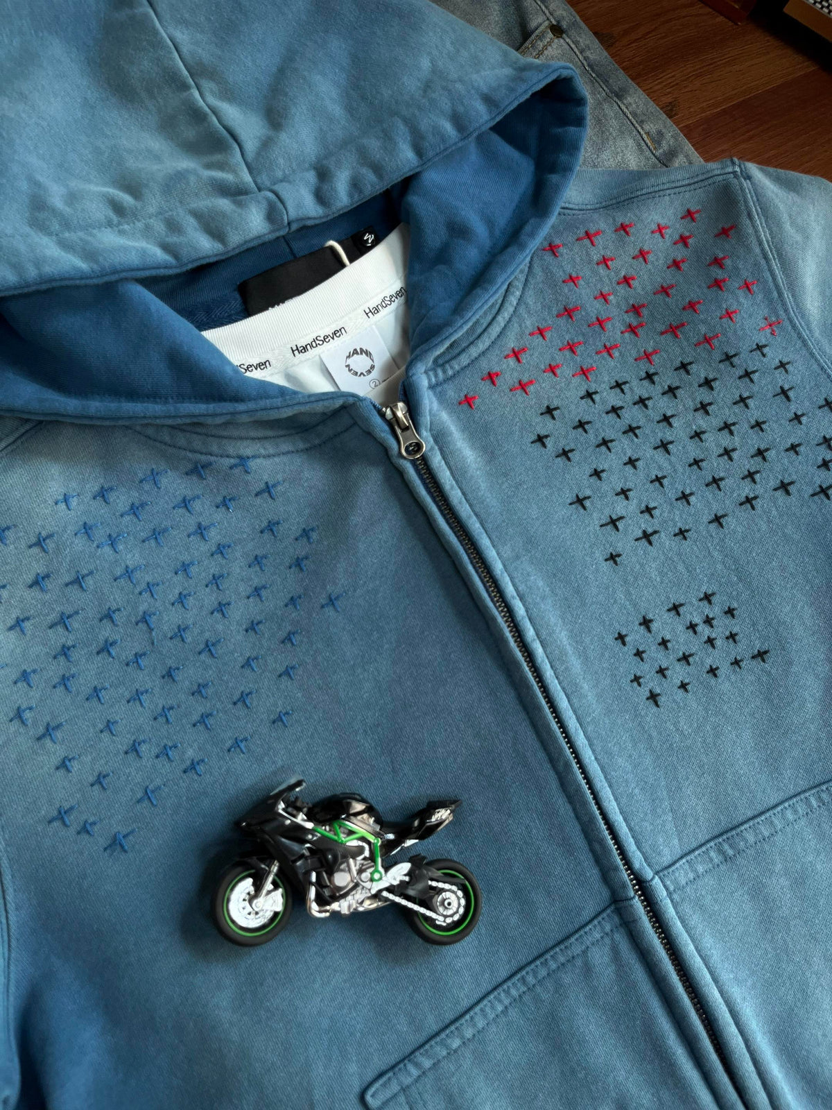 Distressed Star-Embroidered Zipper Hooded Sweatshirt