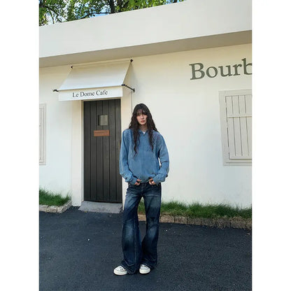 Distressed Star-Embroidered Zipper Hooded Sweatshirt