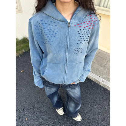 Distressed Star-Embroidered Zipper Hooded Sweatshirt