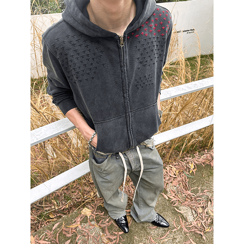 Distressed Star-Embroidered Zipper Hooded Sweatshirt