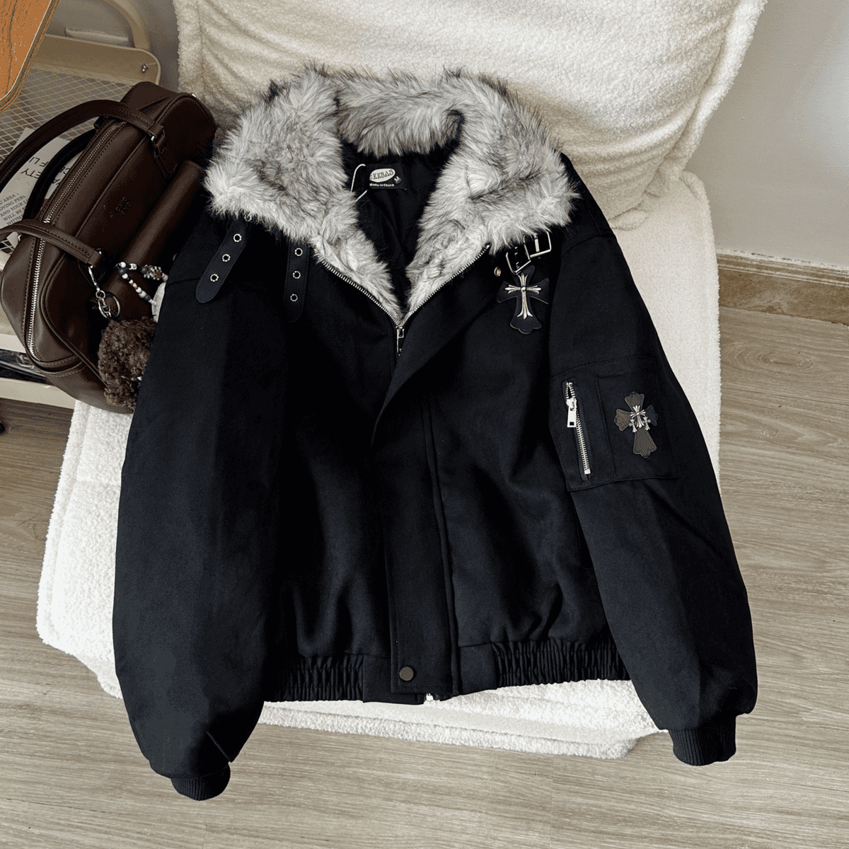 Cross Plush Collar Padded Jacket