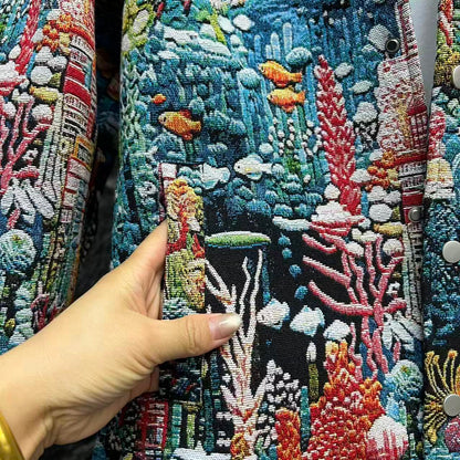Trendy Painted Jacquard Loose-Fit Denim Jacket