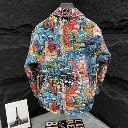 Trendy Painted Jacquard Loose-Fit Denim Jacket